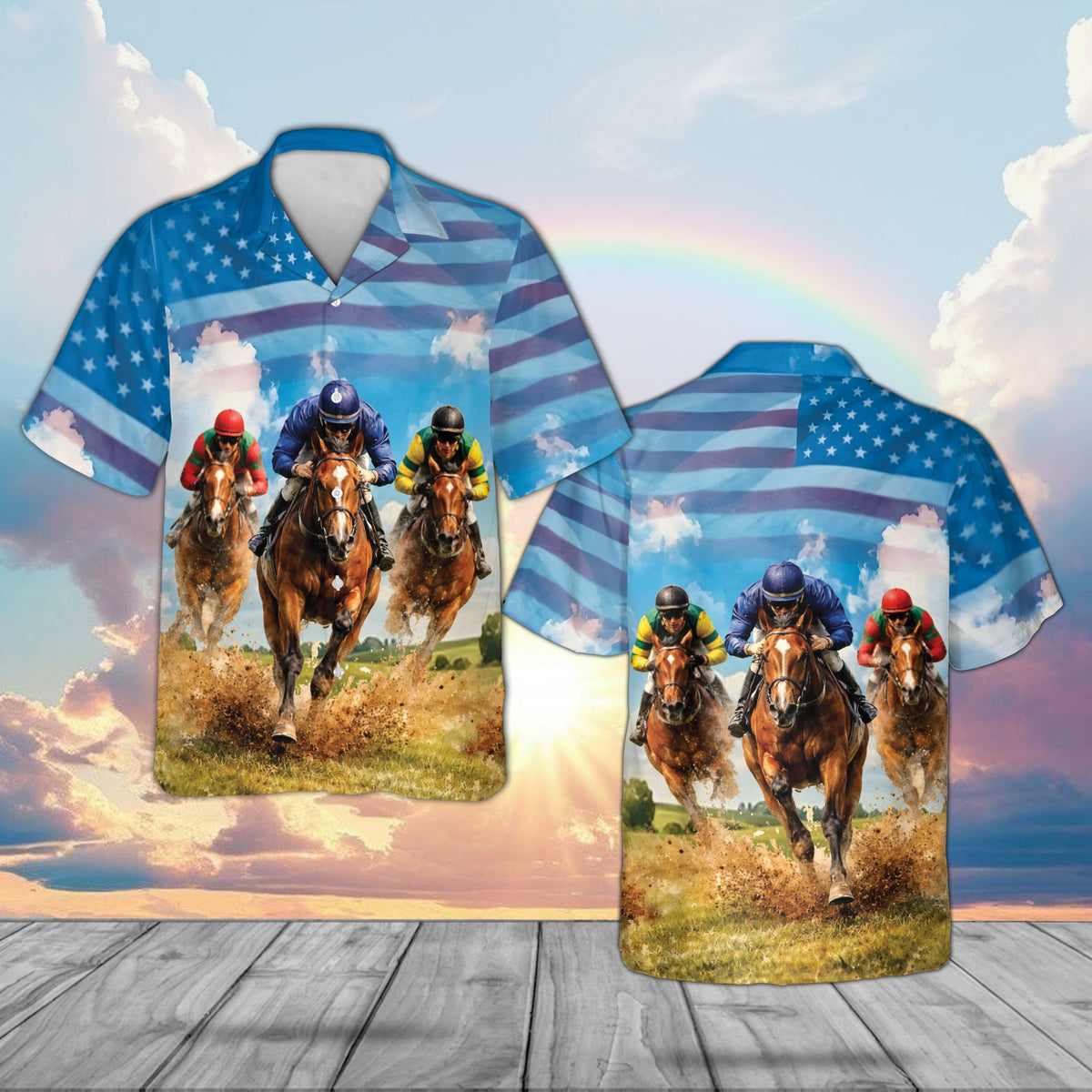 Front view of the horse racing hawaiian shirt showing jockeys on a dirt track under a cloudy sky
