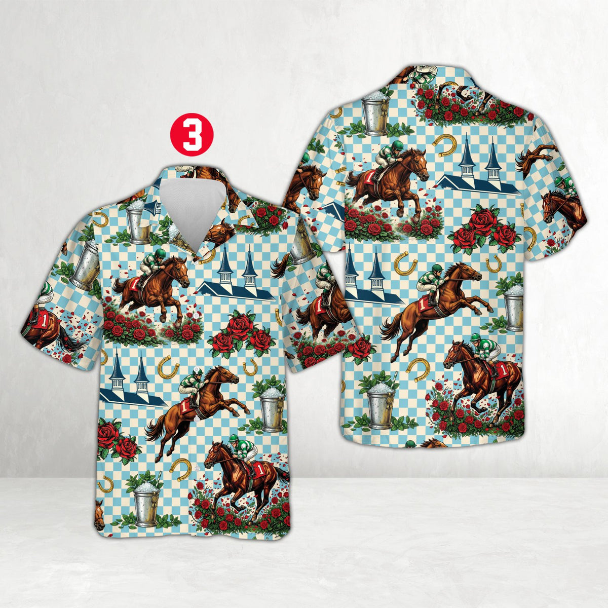 Checkered hawaiian shirt featuring horse racing print, multicolor front angle