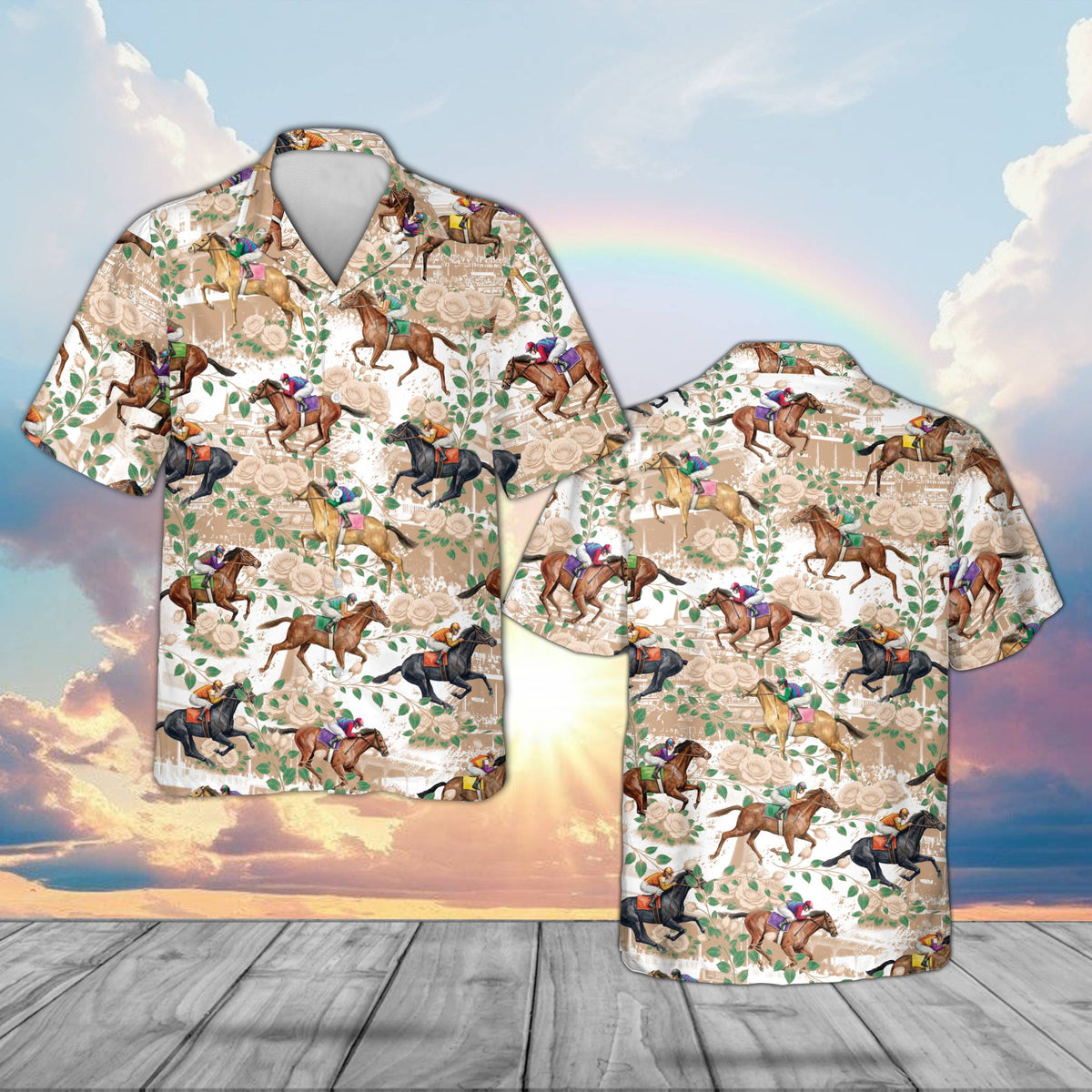 Matching family hawaiian shirts with racehorse design, front view 3