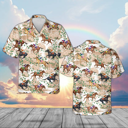 Matching family hawaiian shirts with racehorse design, front view 3