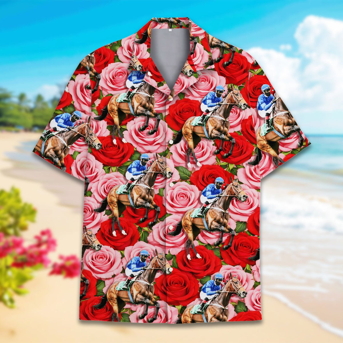 Another front angle of the floral hawaiian shirt with jockey design