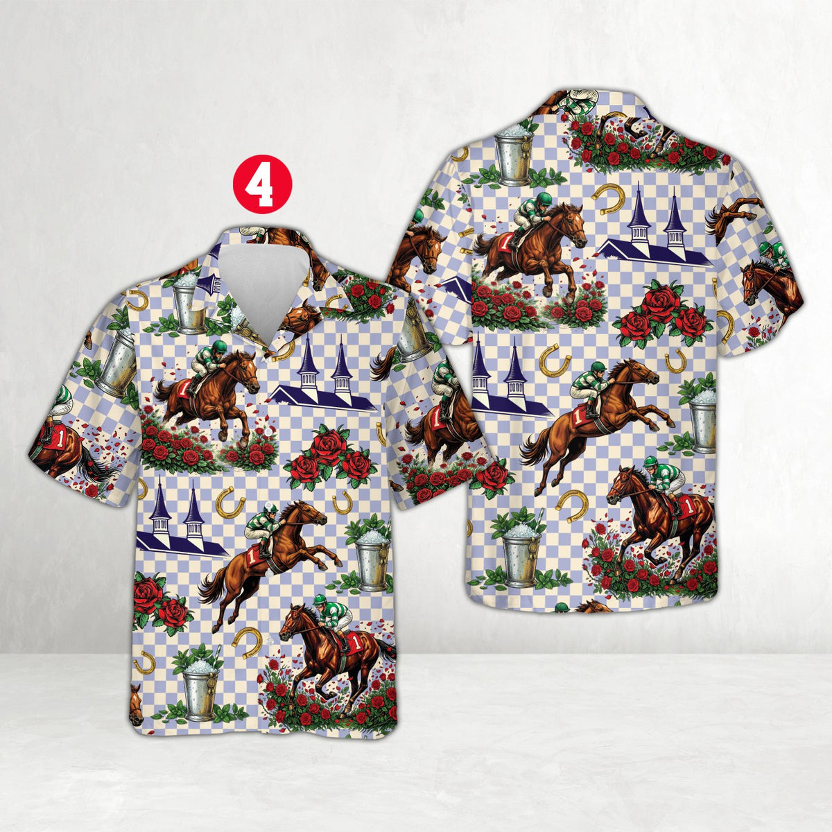 Checkered hawaiian shirt featuring horse racing print, front close up