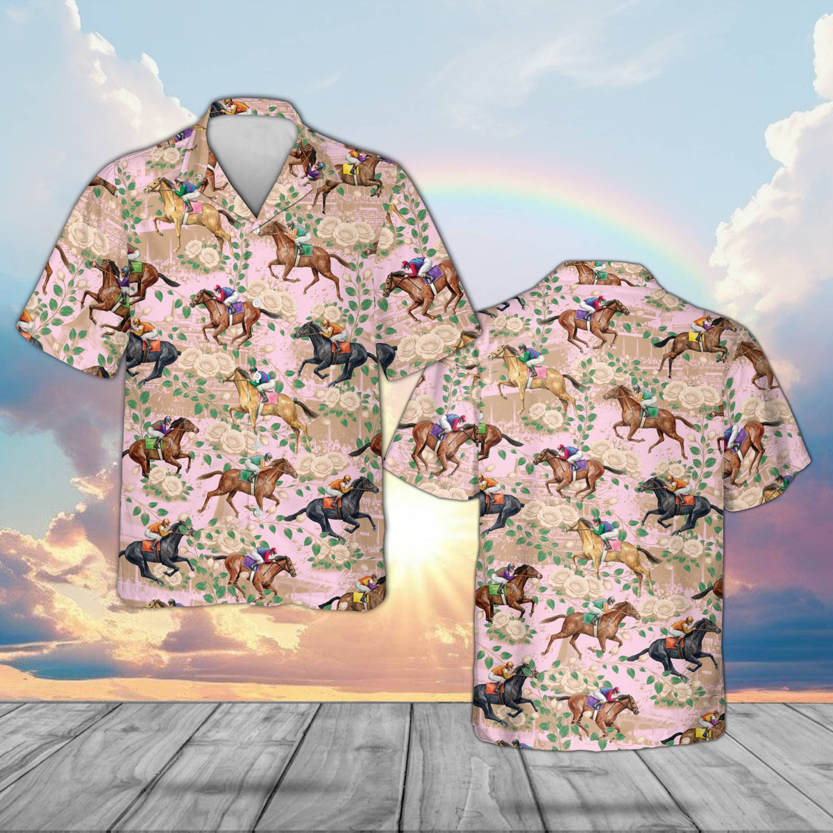 Matching family hawaiian shirts with racehorse design, front view 4