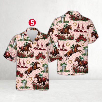 Checkered hawaiian shirt featuring horse racing print, lower front detail