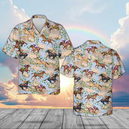 Matching family hawaiian shirts with racehorse design, front view 5