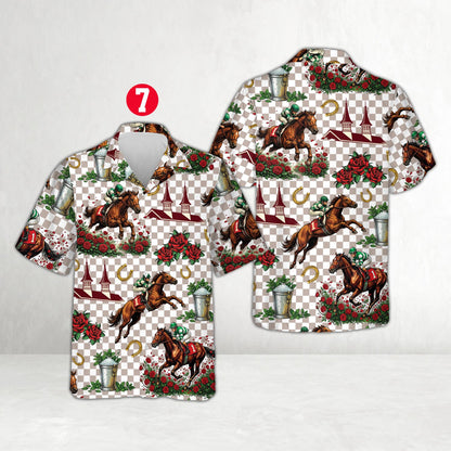 Checkered hawaiian shirt featuring horse racing print, button detail