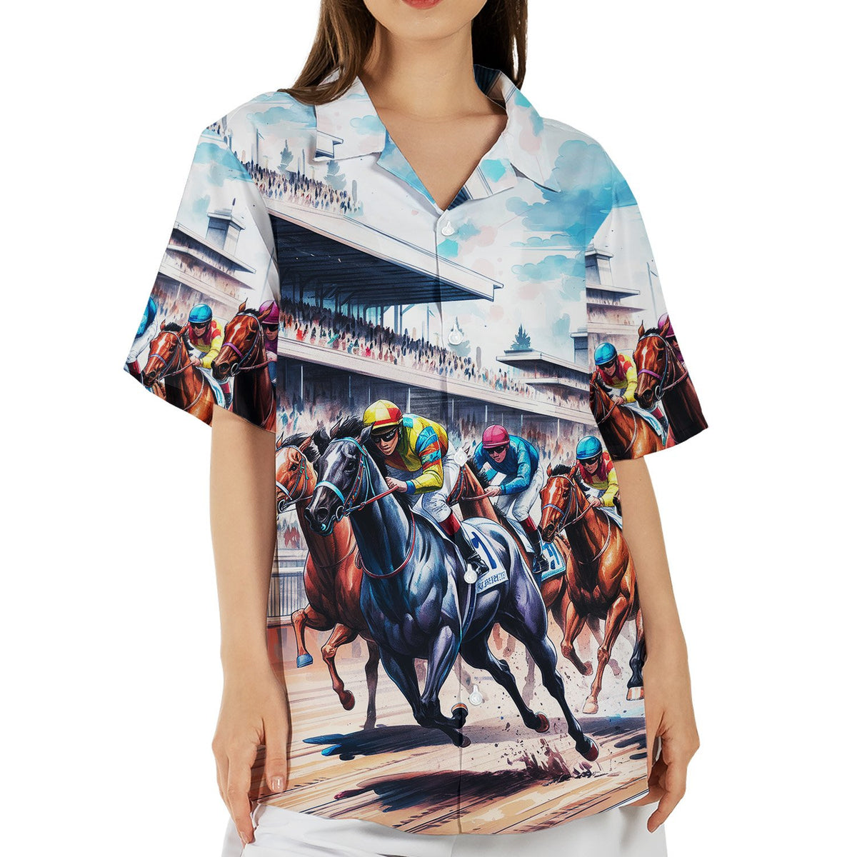 Blue horse hawaiian shirt with detailed horse racing and grandstand print, front view