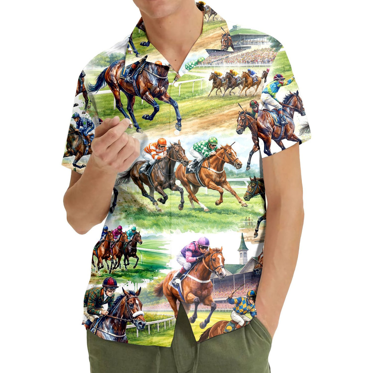 Main view of horse racing Hawaiian shirt with watercolor jockey illustrations