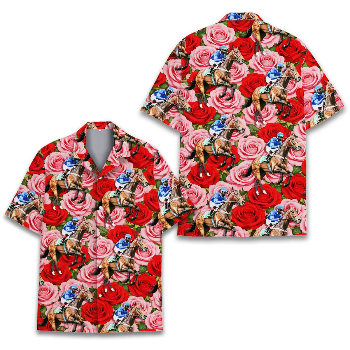 Front view of the red horse hawaiian shirt featuring pink floral pattern