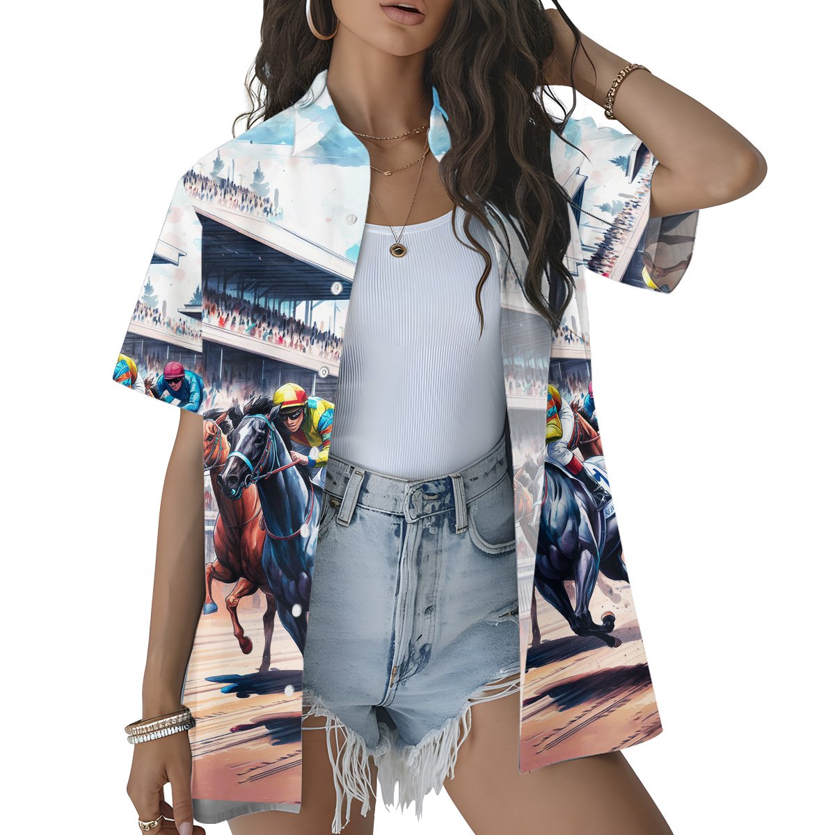 Another lifestyle view of the blue horse hawaiian shirt in an everyday setting
