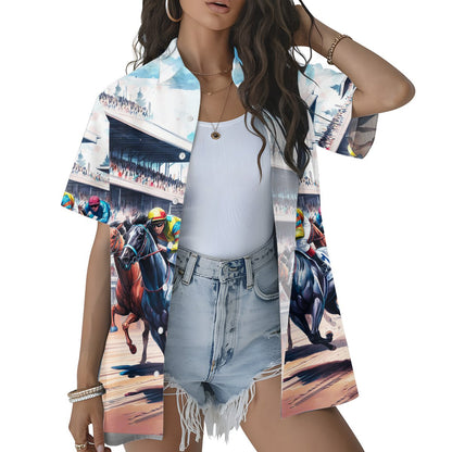 Another lifestyle view of the blue horse hawaiian shirt in an everyday setting