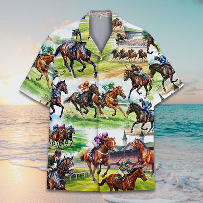 Second lifestyle view featuring horse racing Hawaiian shirt