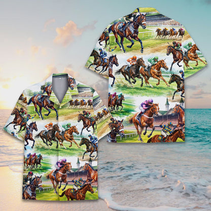 Third lifestyle view of abstract hawaiian shirt with horse racing motif