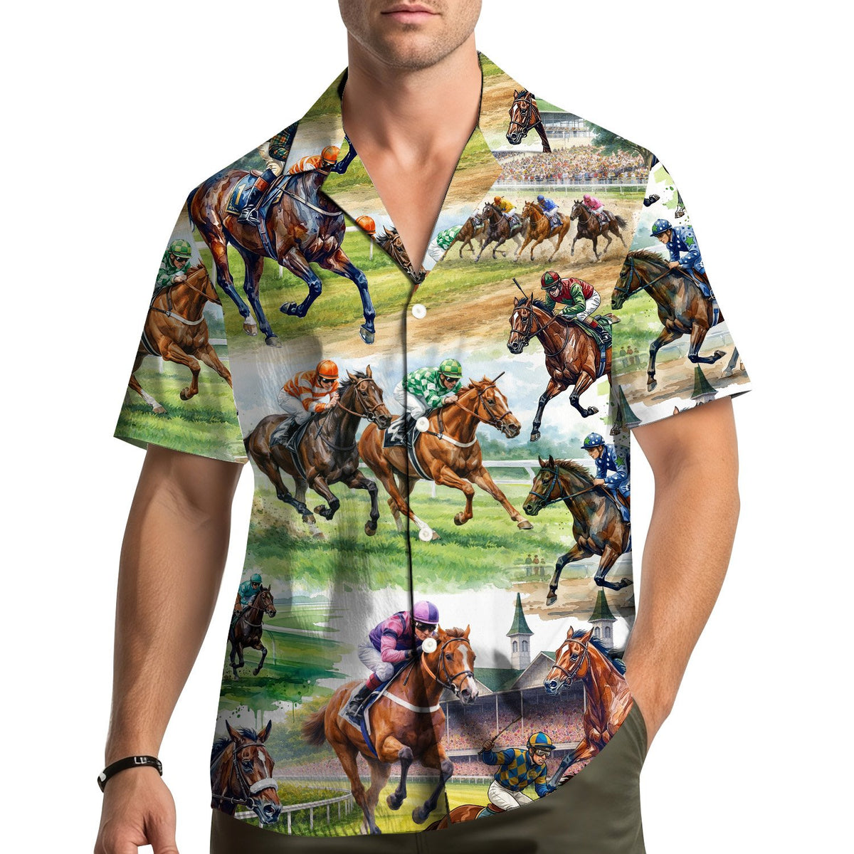 Lifestyle shot of family wearing matching horse racing Hawaiian shirts