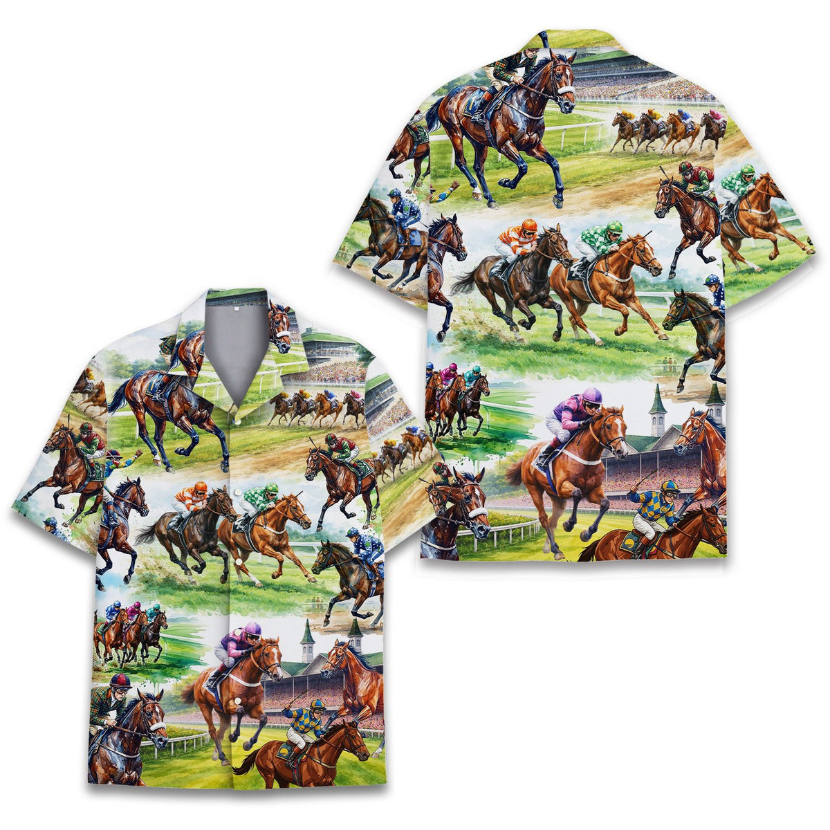 Close-up view of jockey and horseback print on the Hawaiian shirt