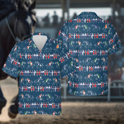 Navy horse hawaiian shirt with racing scene pattern, main view