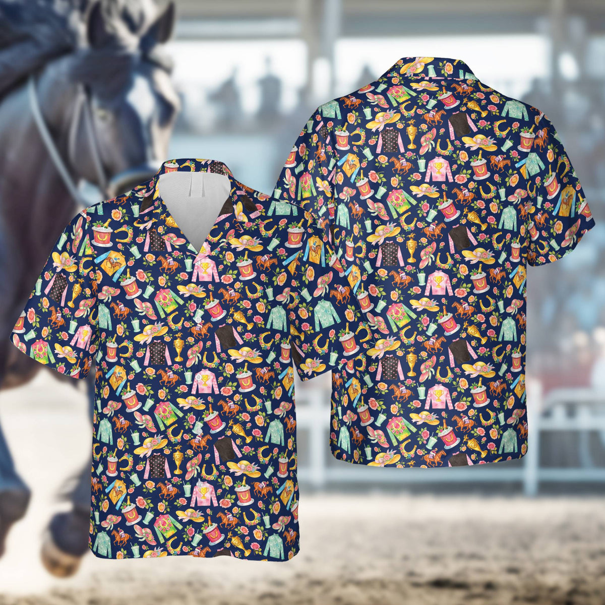 Navy multicolor horse hawaiian shirt with mint juleps and horseshoes, front view