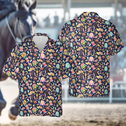 Navy multicolor horse hawaiian shirt with mint juleps and horseshoes, front view
