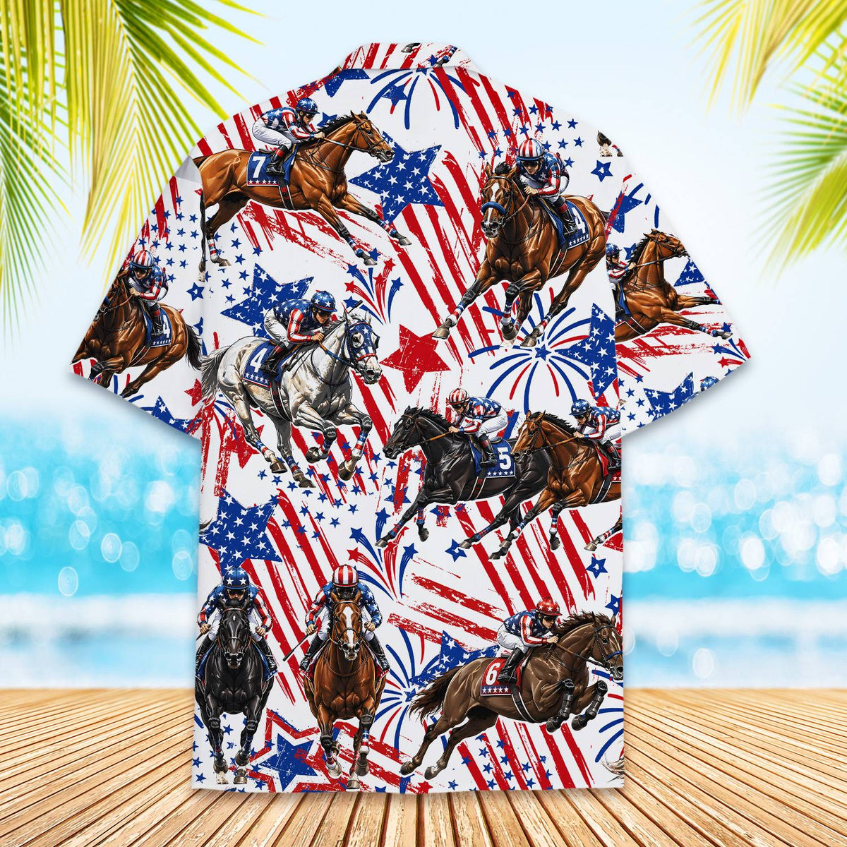 Close-up back view of the horse racing patriotic hawaiian shirt