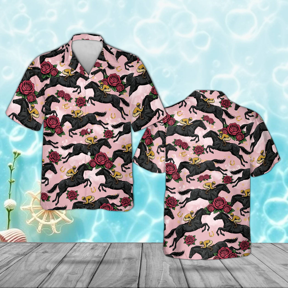 Front view of the black horse hawaiian shirt with vibrant racing print