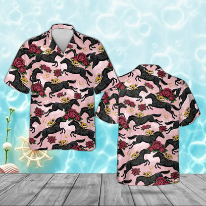 Front view of the black horse hawaiian shirt with vibrant racing print
