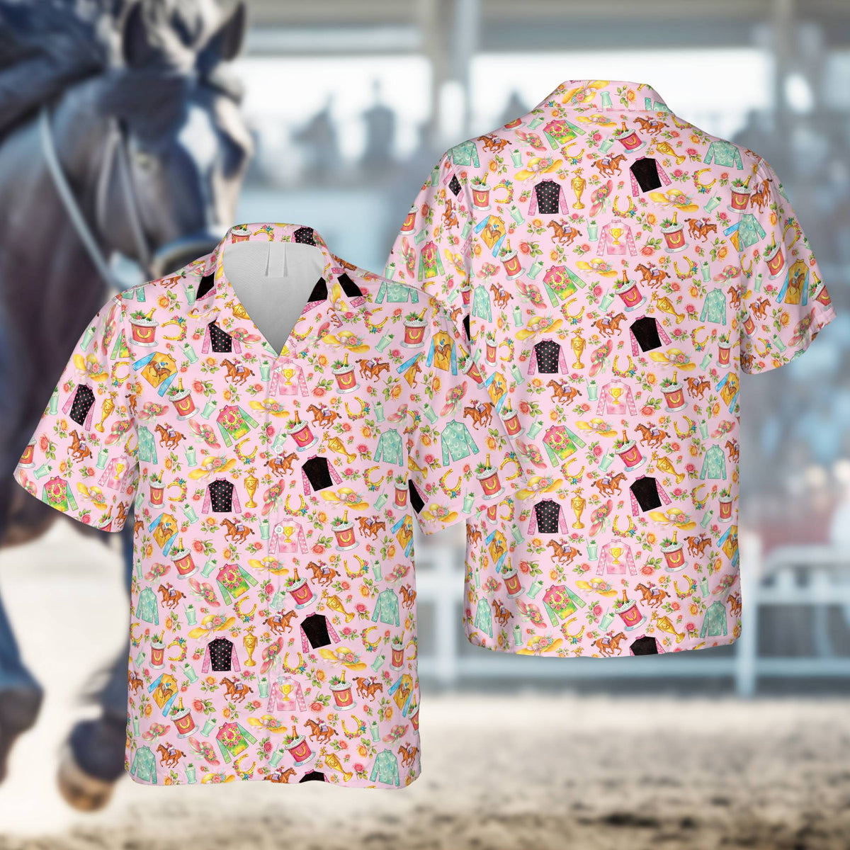 Pink matching family hawaiian shirt with horse racing design, front view