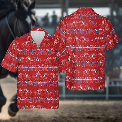 Red hawaiian shirt showing horse racing scenes, front view