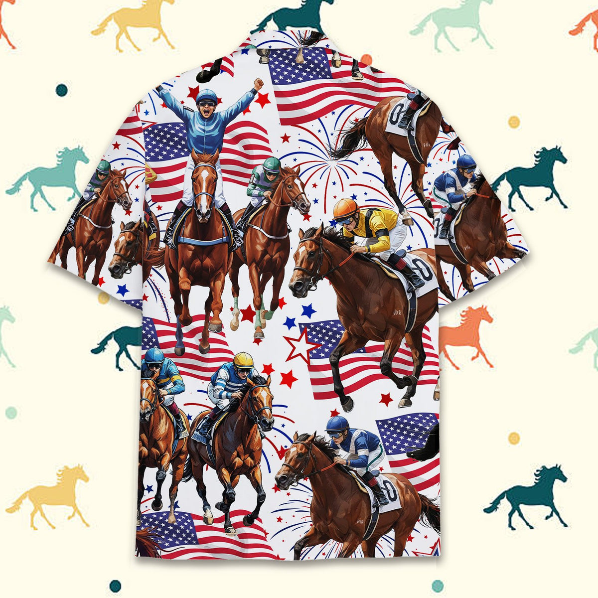 Back view of the horse racing hawaiian shirt on a model showcasing the festive Fourth of July design