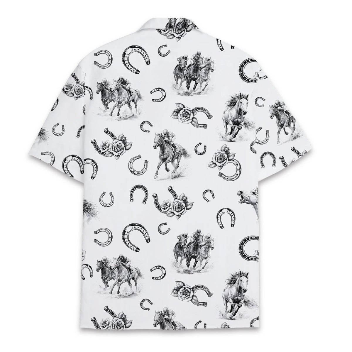 Back view of the white horse racing hawaiian shirt showing the sketch pattern