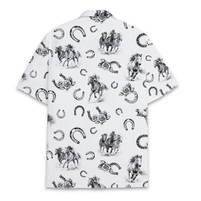 Back view of the white horse racing hawaiian shirt showing the sketch pattern