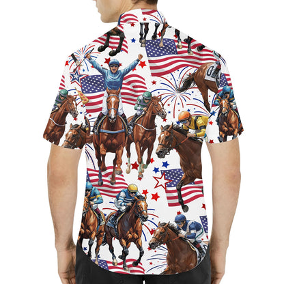Back view of the horse racing hawaiian shirt showing the continuous jockey and flag pattern