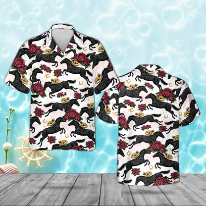 Matching family hawaiian shirts featuring a black horse racing pattern with red roses and gold horseshoes, main view