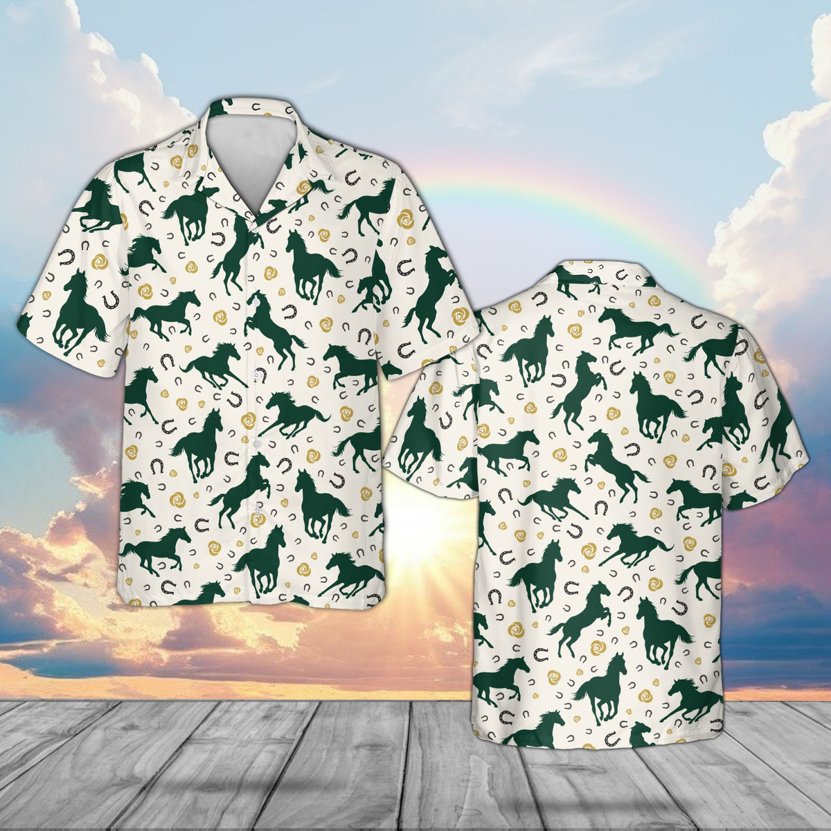 White horse hawaiian shirt with galloping horse pattern and roses, front view