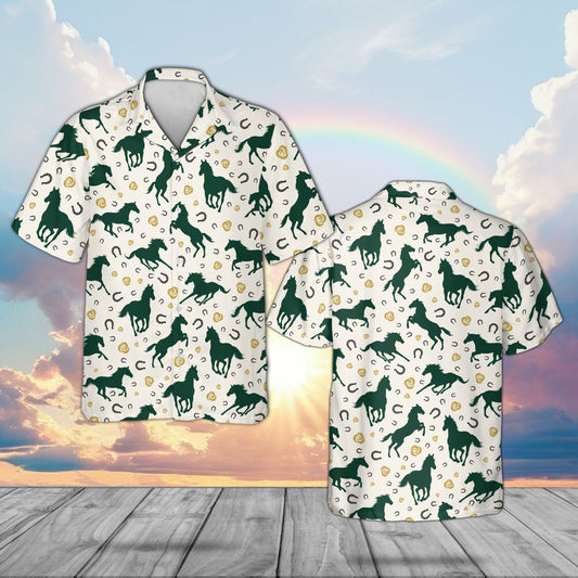 White horse hawaiian shirt with galloping horse pattern and roses, front view