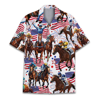 Front view of the horse racing hawaiian shirt on a model