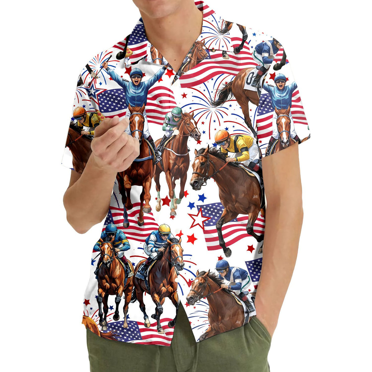 Close-up front view of the horse racing hawaiian shirt showing the button-down details
