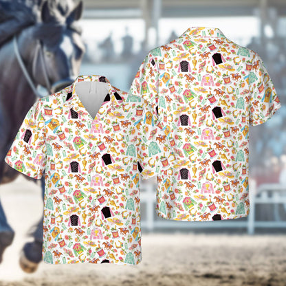 White horse racing hawaiian shirt with floral hats and trophies, front view