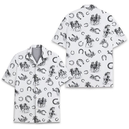 Front view of the white horse racing hawaiian shirt