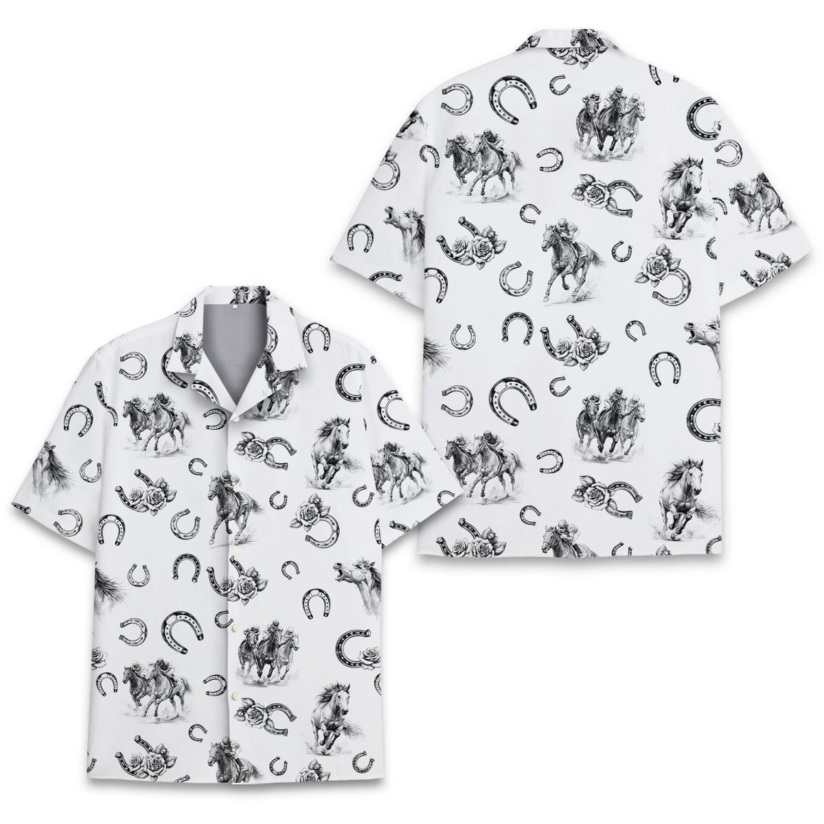 White horse racing hawaiian shirt with sketch-style horses and jockeys, main view