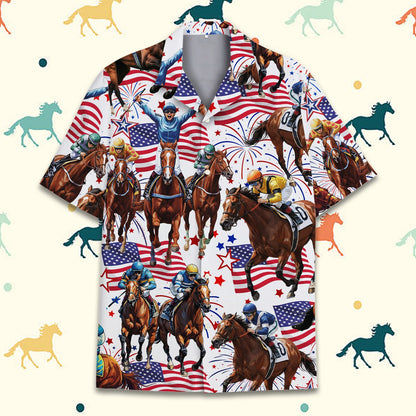 Patriotic horse racing hawaiian shirt featuring jockeys and American flags on a white background, main view