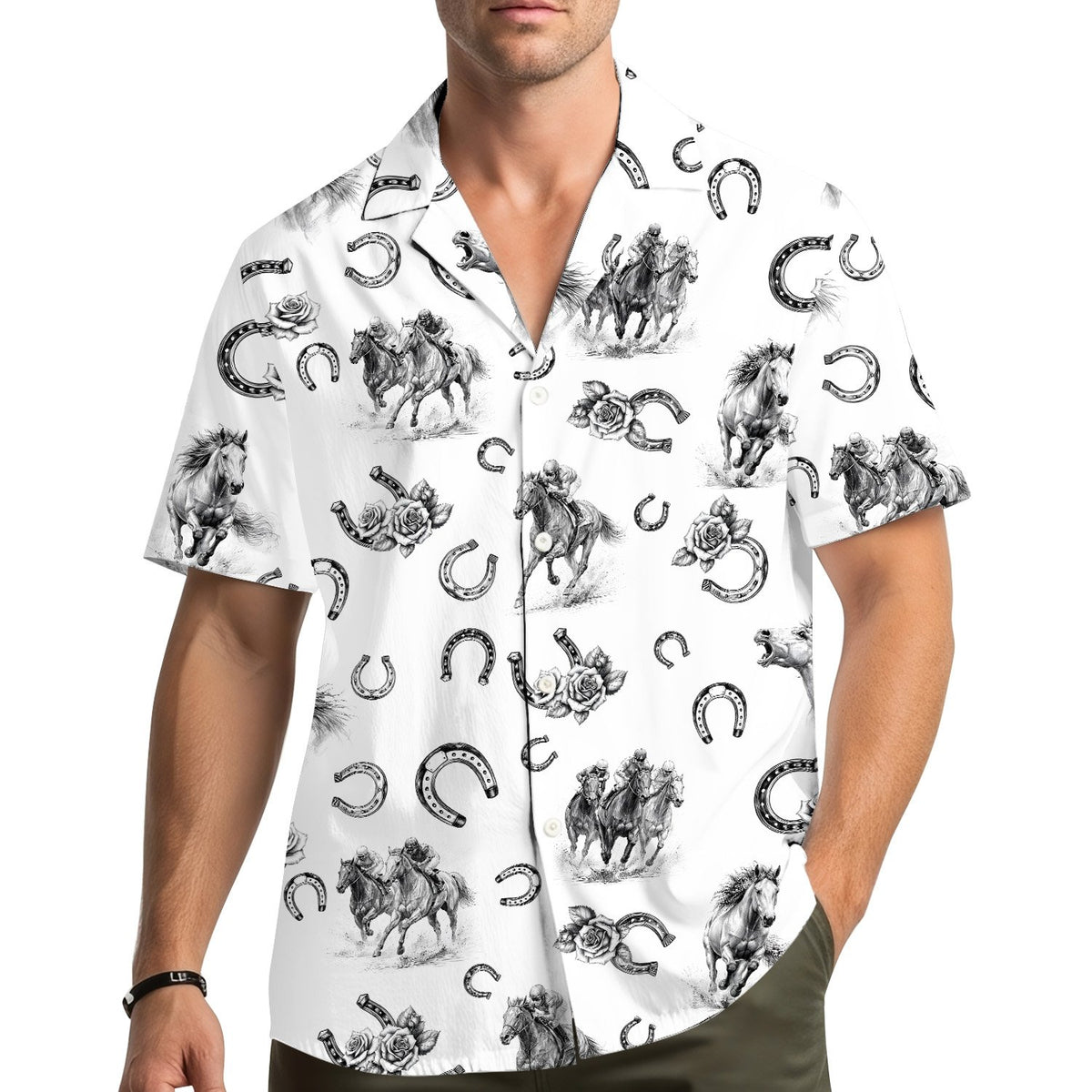 Lifestyle view of the horse racing hawaiian shirt in a matching family outfit