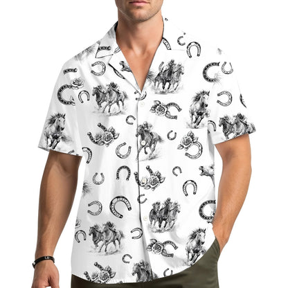 Lifestyle view of the horse racing hawaiian shirt in a matching family outfit
