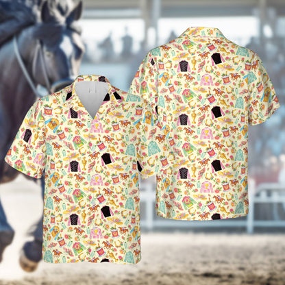Yellow multicolor horse hawaiian shirt with racing motifs, main view