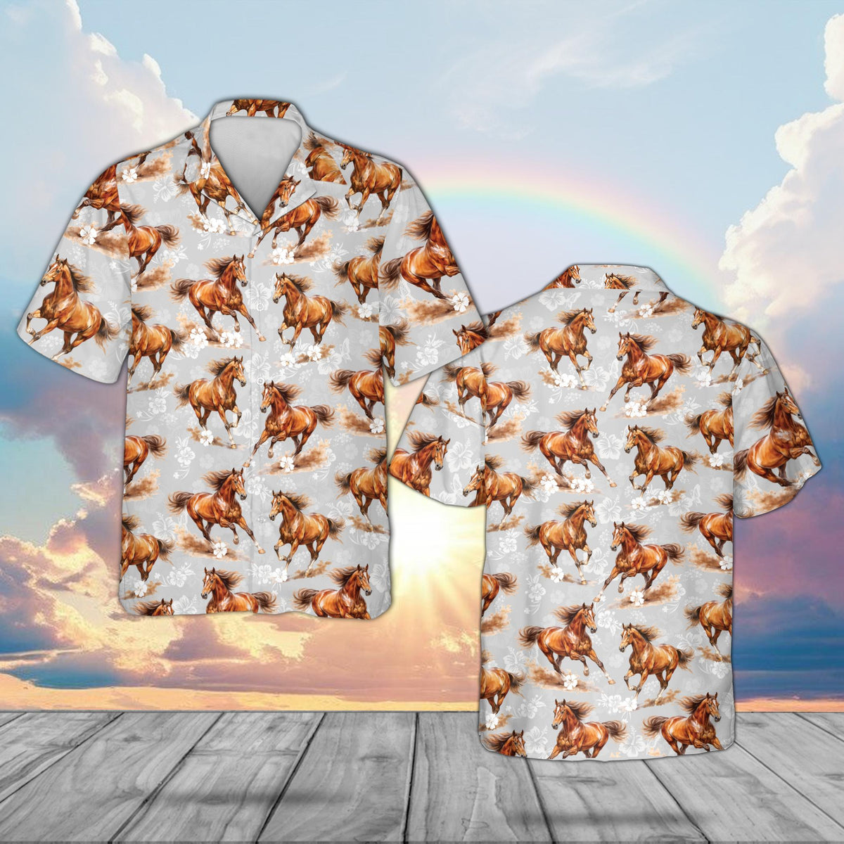 White brown horse hawaiian shirt with hibiscus flowers, front view