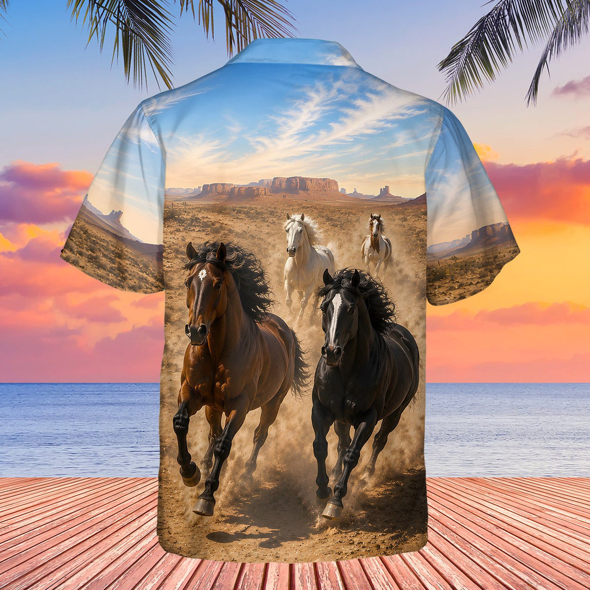 Back view of the horses and desert hawaiian shirt