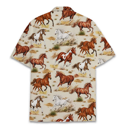 Close up back view of the beige horses hawaiian shirt details