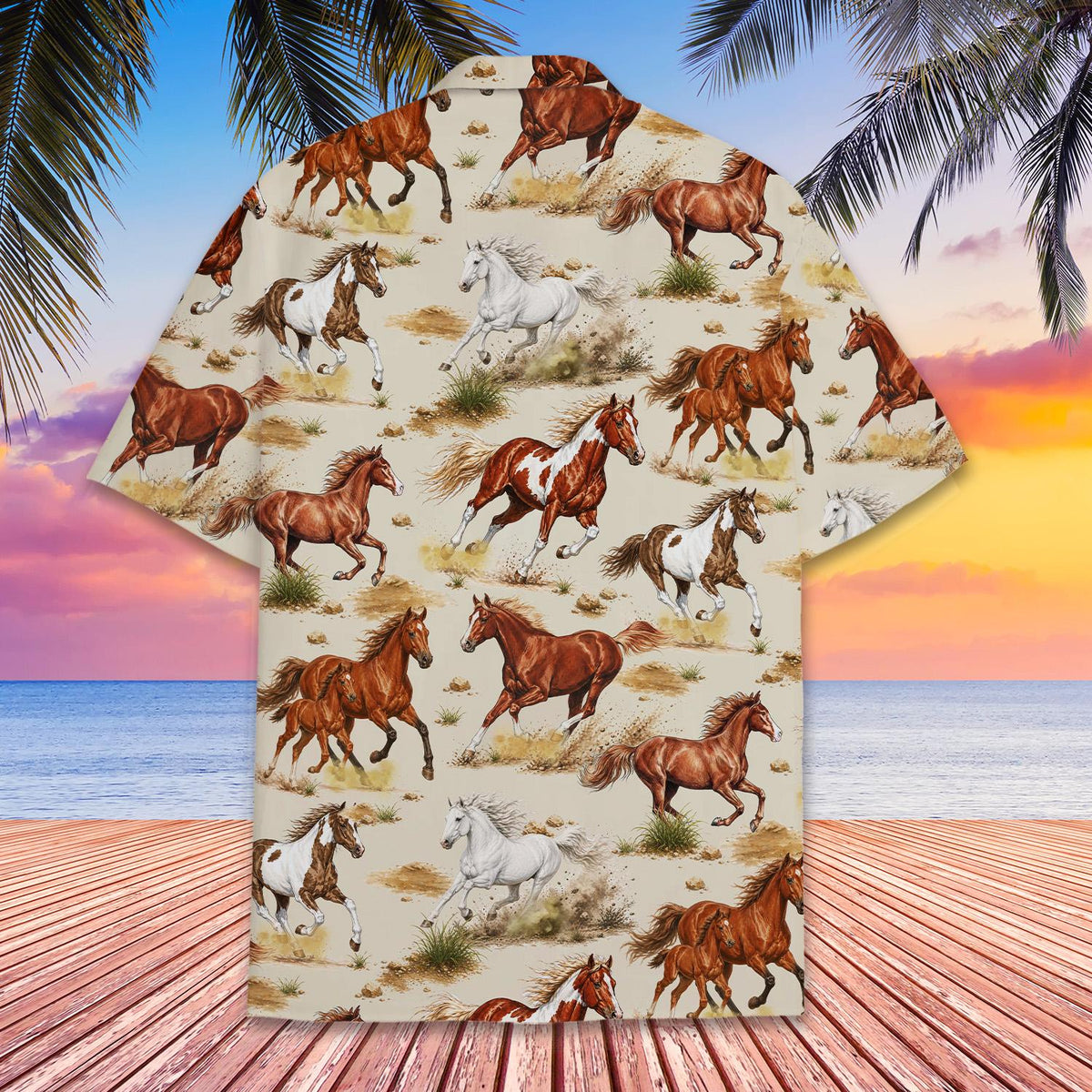 Back view of the matching family hawaiian shirt with all-over horse print