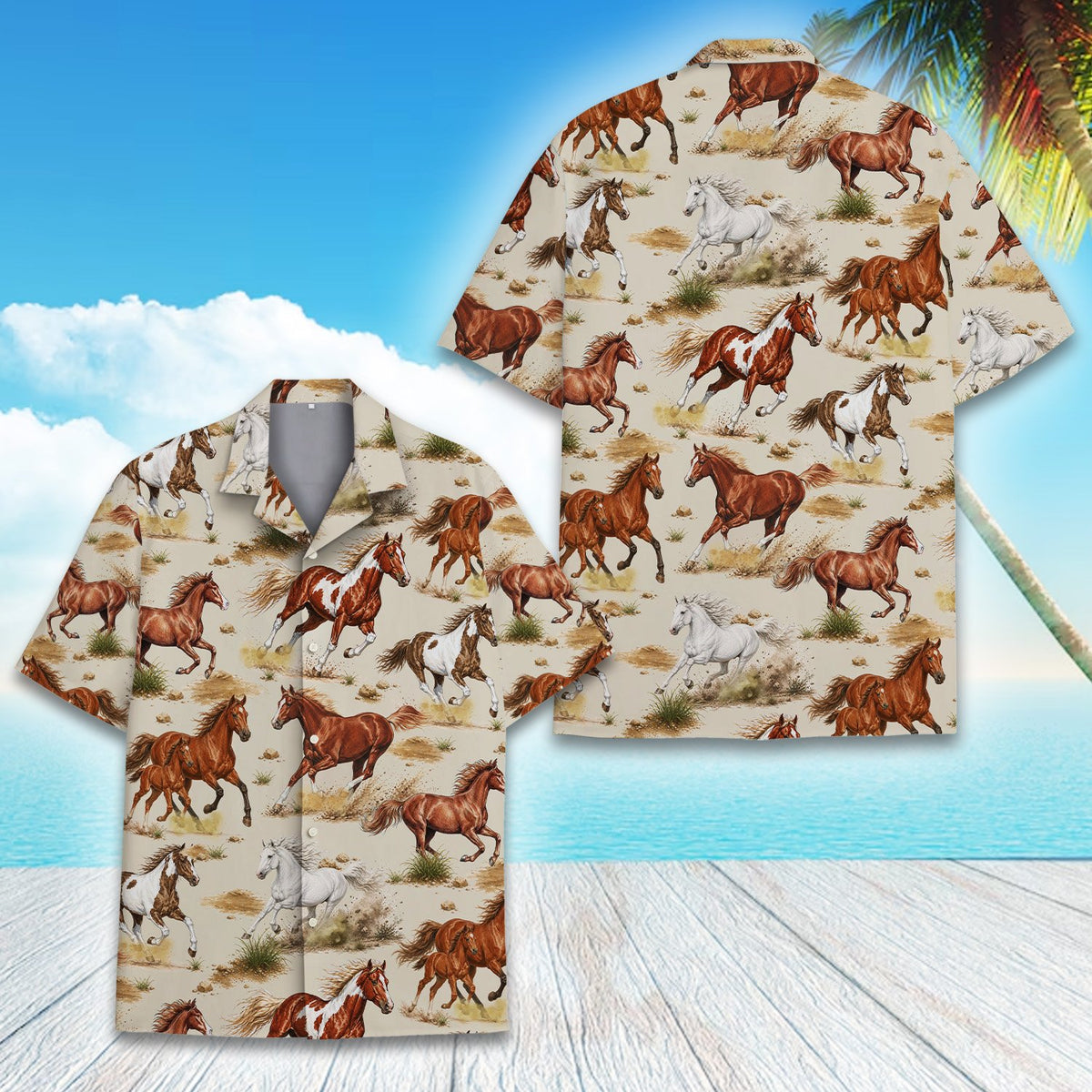 Alternative front view of the beige horses hawaiian shirt for adults
