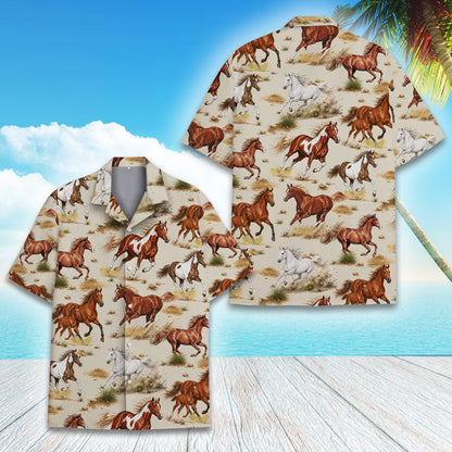 Alternative front view of the beige horses hawaiian shirt for adults