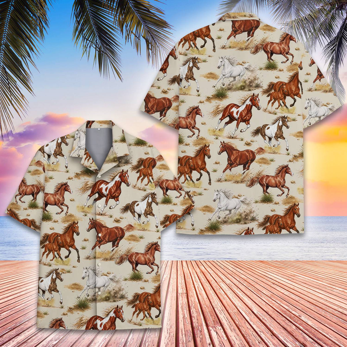 Close up front view of the realistic running horses hawaiian shirt